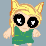 a blonde dog furry, giant eyes with hearts for pupils, wearing a green dress